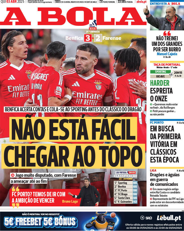 A Bola: Capa da Edi&ccedil;&atilde;o de quinta-feira, 03 de abril 2025