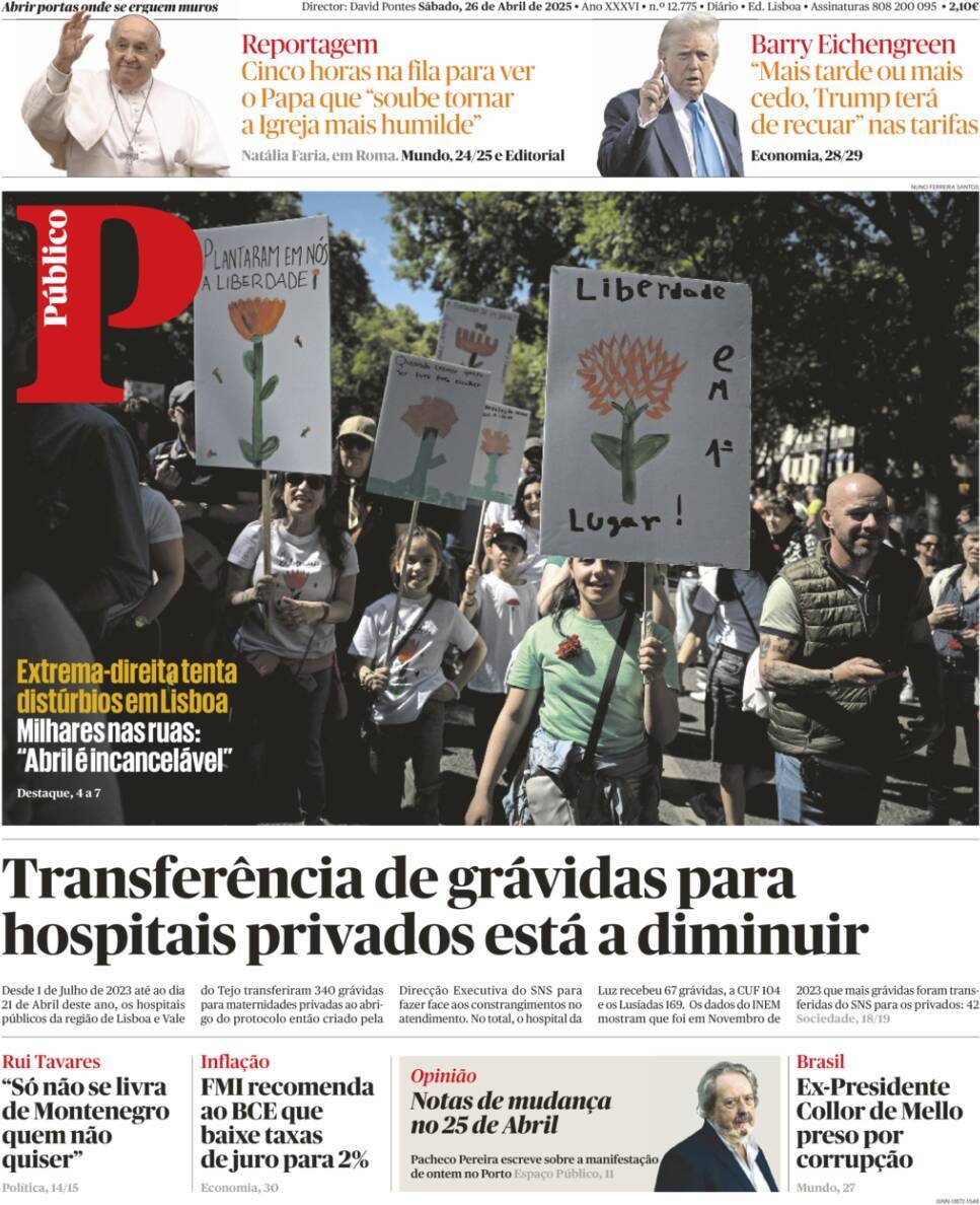 P&uacute;blico: Capa da Edi&ccedil;&atilde;o de s&aacute;bado, 26 de abril 2025