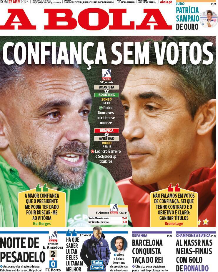 A Bola: Capa da Edi&ccedil;&atilde;o de domingo, 27 de abril 2025