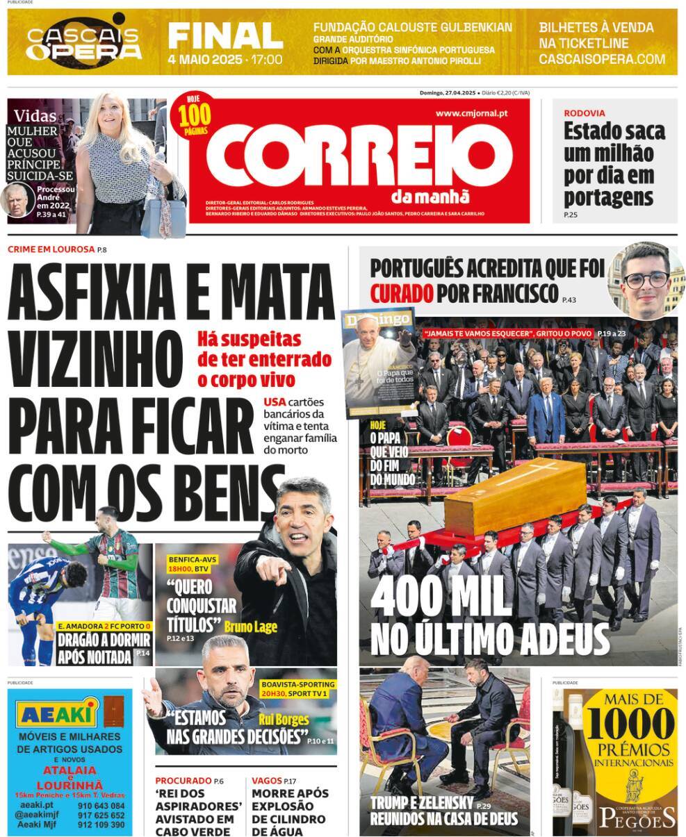 Correio da Manh&atilde;: Capa da Edi&ccedil;&atilde;o de domingo, 27 de abril 2025