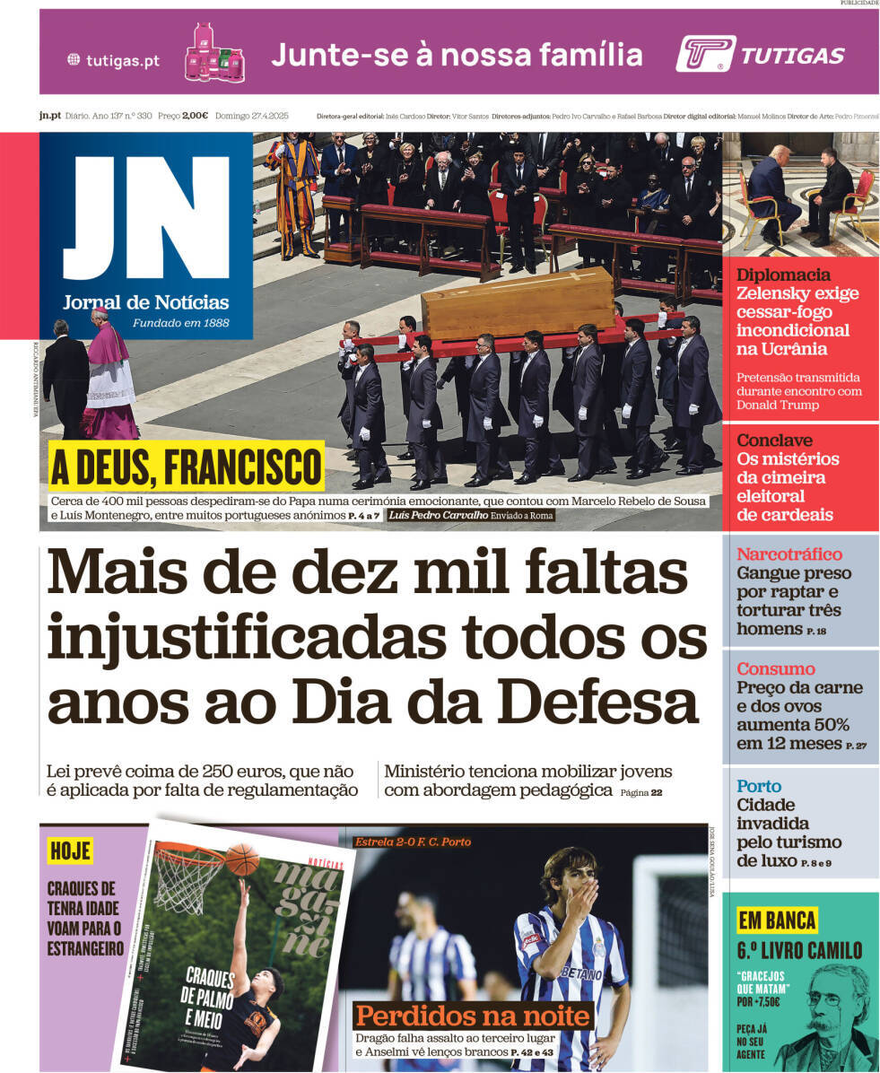 Jornal de Not&iacute;cias: Capa da Edi&ccedil;&atilde;o de domingo, 27 de abril 2025