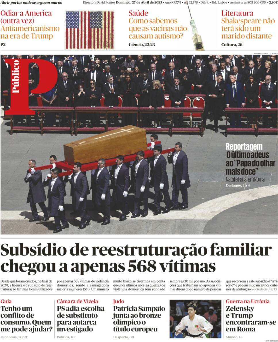 P&uacute;blico: Capa da Edi&ccedil;&atilde;o de domingo, 27 de abril 2025