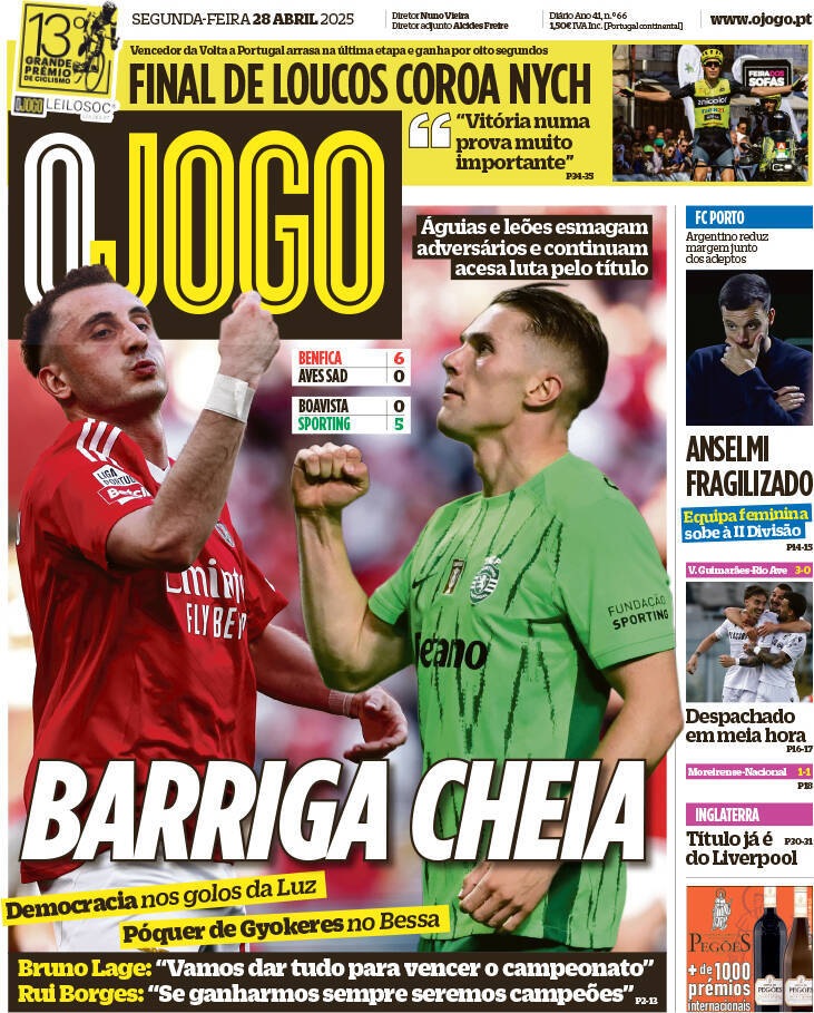 O Jogo: Capa da Edi&ccedil;&atilde;o de segunda-feira, 28 de abril 2025