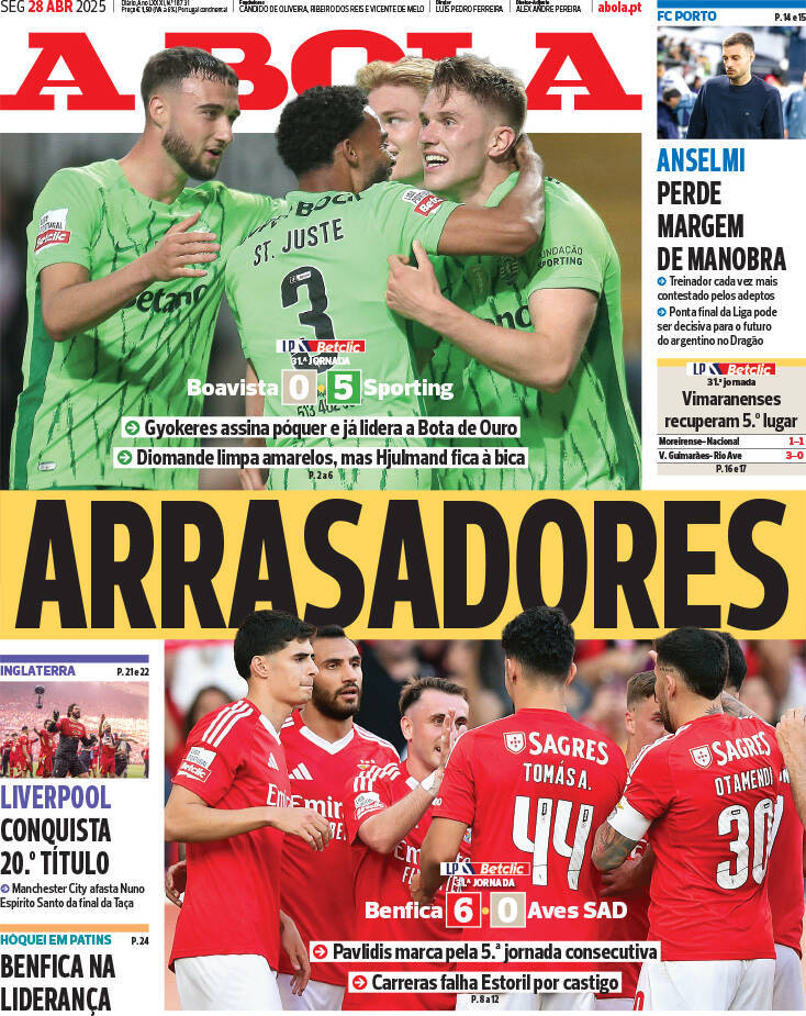 A Bola: Capa da Edi&ccedil;&atilde;o de segunda-feira, 28 de abril 2025