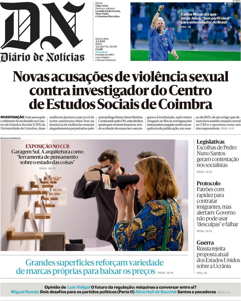 Di&aacute;rio de Not&iacute;cias: Capa da Edi&ccedil;&atilde;o de quarta-feira, 02 de abril 2025