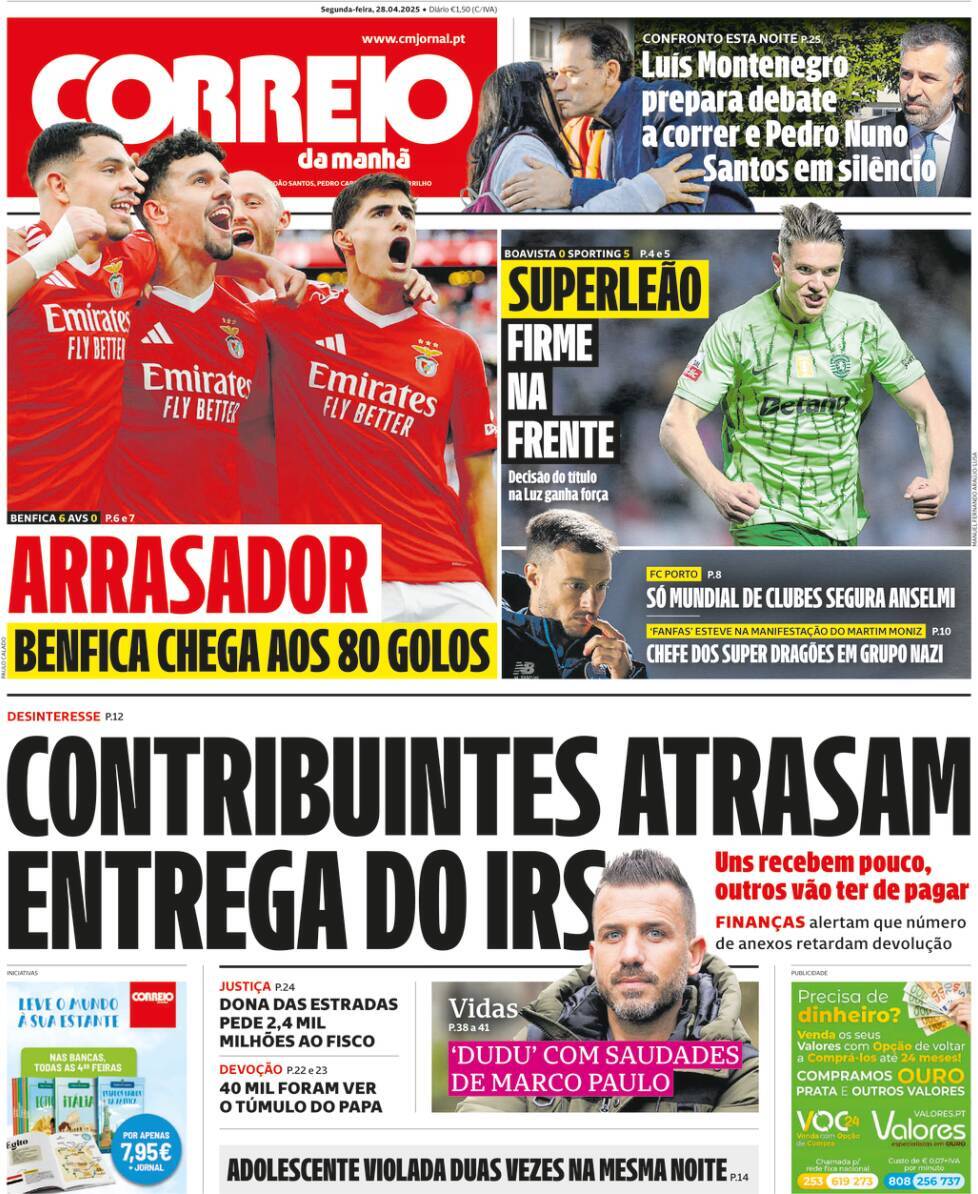 Correio da Manh&atilde;: Capa da Edi&ccedil;&atilde;o de segunda-feira, 28 de abril 2025