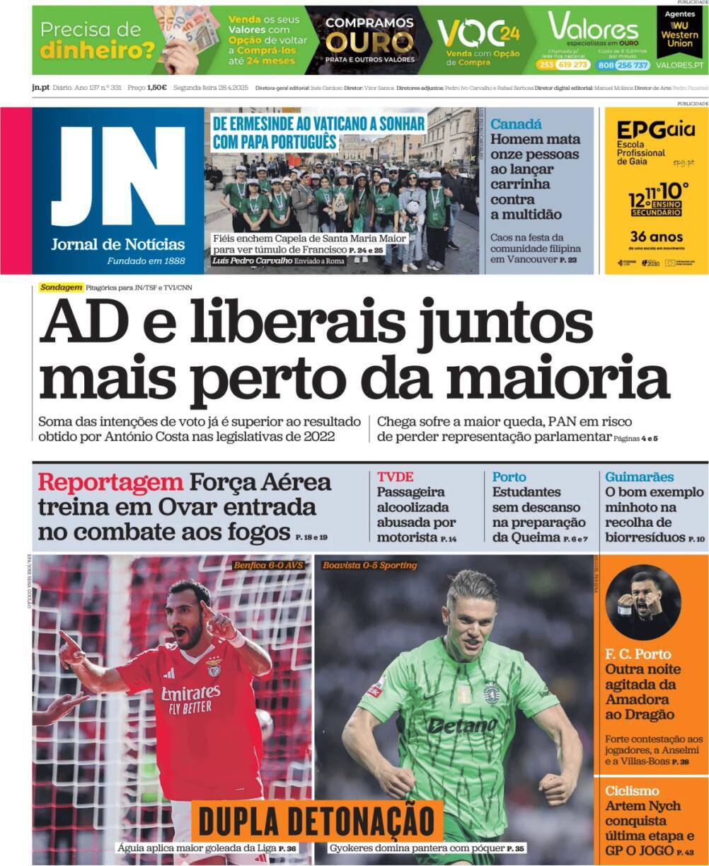 Jornal de Not&iacute;cias: Capa da Edi&ccedil;&atilde;o de segunda-feira, 28 de abril 2025