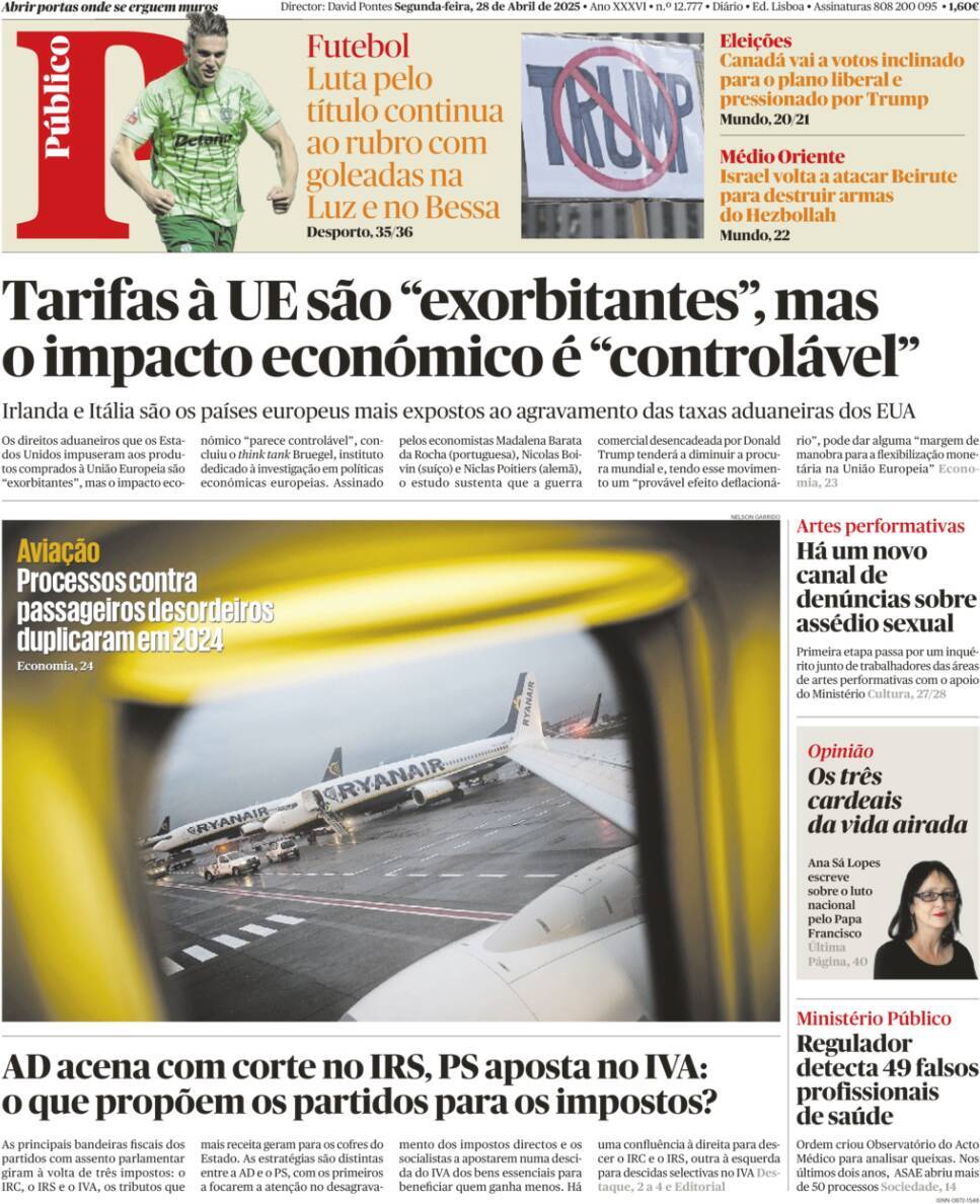 P&uacute;blico: Capa da Edi&ccedil;&atilde;o de segunda-feira, 28 de abril 2025