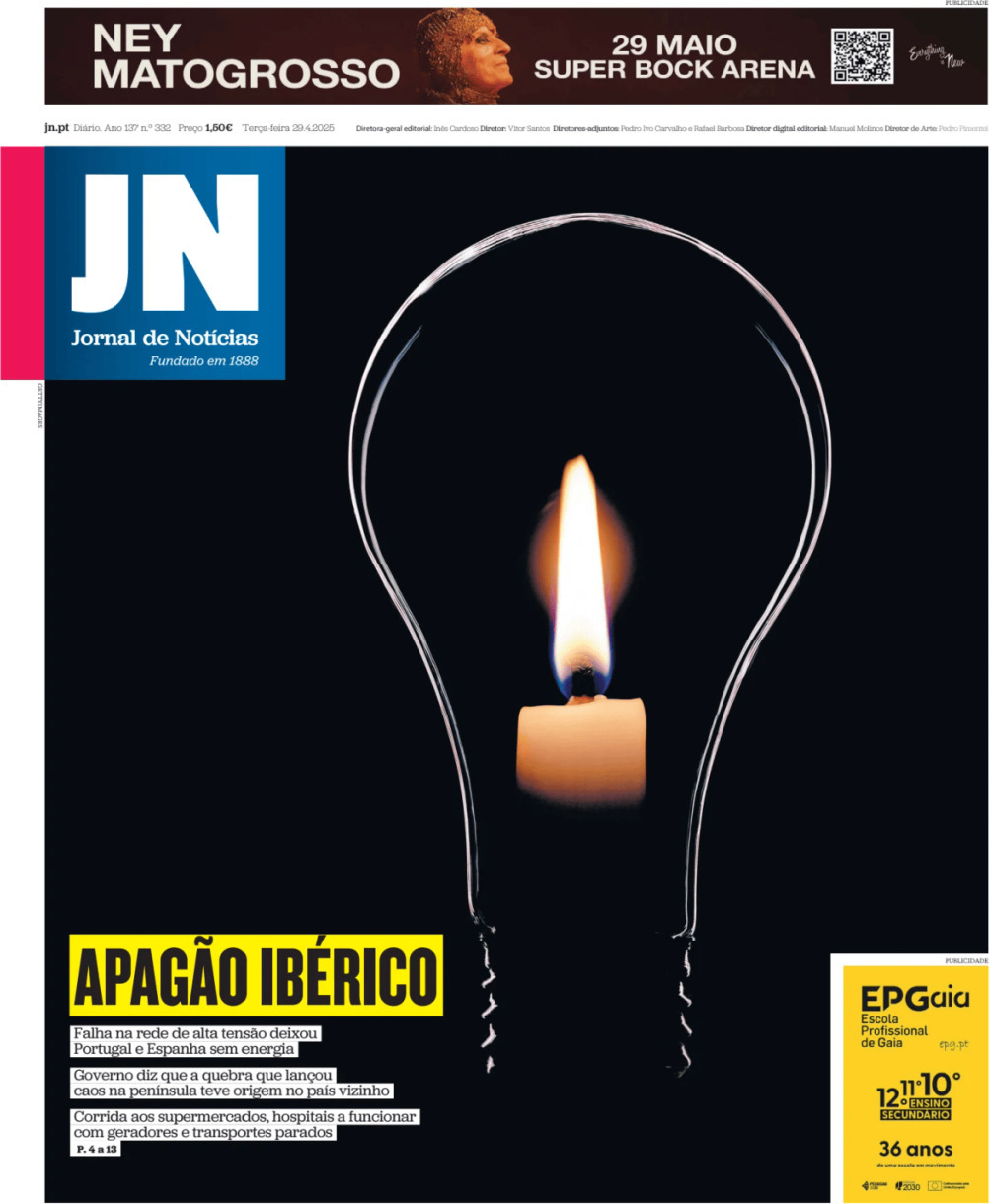 Jornal de Not&iacute;cias: Capa da Edi&ccedil;&atilde;o de ter&ccedil;a-feira, 29 de abril 2025