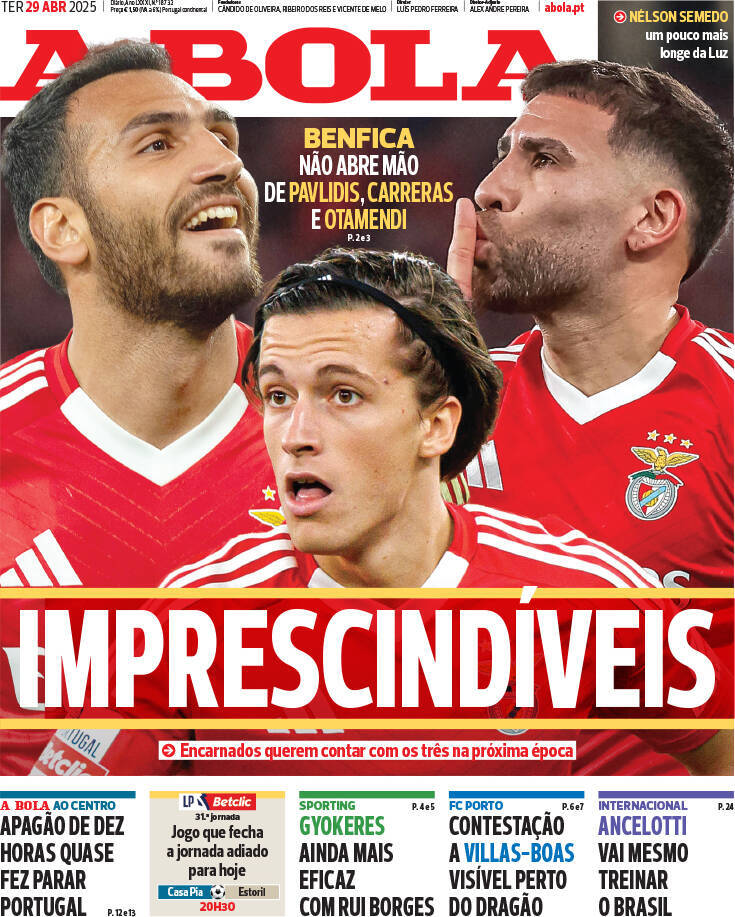 A Bola: Capa da Edi&ccedil;&atilde;o de ter&ccedil;a-feira, 29 de abril 2025