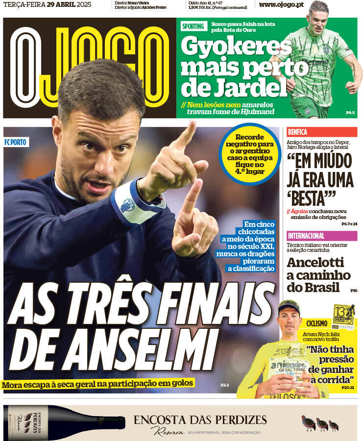O Jogo: Capa da Edi&ccedil;&atilde;o de ter&ccedil;a-feira, 29 de abril 2025
