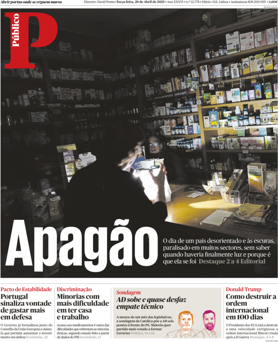 P&uacute;blico: Capa da Edi&ccedil;&atilde;o de ter&ccedil;a-feira, 29 de abril 2025