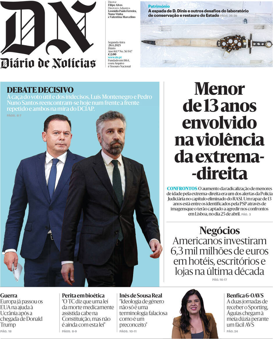Di&aacute;rio de Not&iacute;cias: Capa da Edi&ccedil;&atilde;o de segunda-feira, 28 de abril 2025