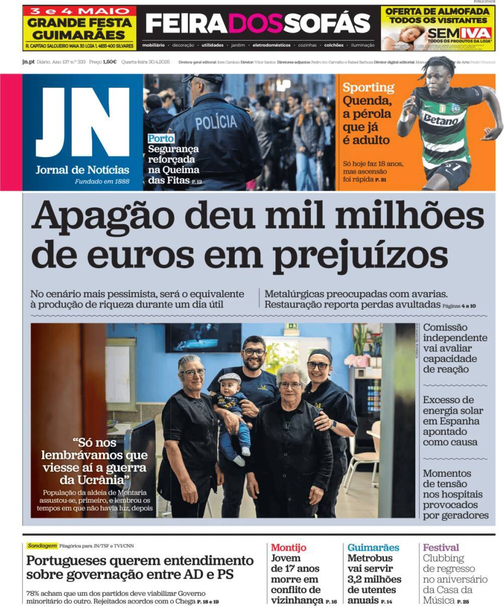 Jornal de Not&iacute;cias: Capa da Edi&ccedil;&atilde;o de quarta-feira, 30 de abril 2025