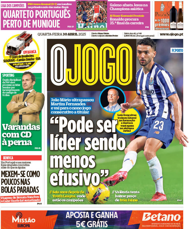 O Jogo: Capa da Edi&ccedil;&atilde;o de quarta-feira, 30 de abril 2025