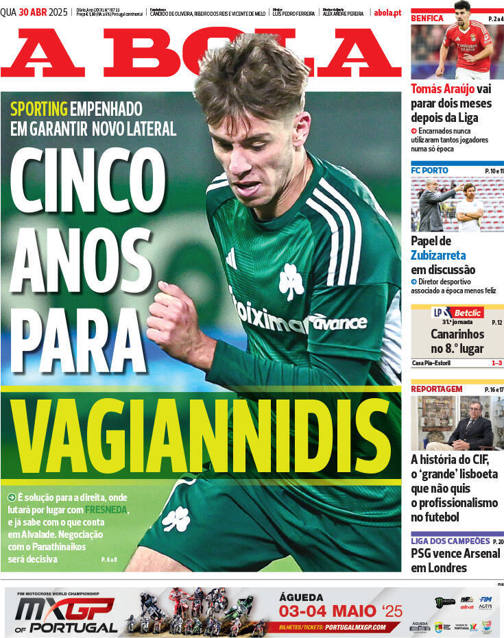 A Bola: Capa da Edi&ccedil;&atilde;o de quarta-feira, 30 de abril 2025