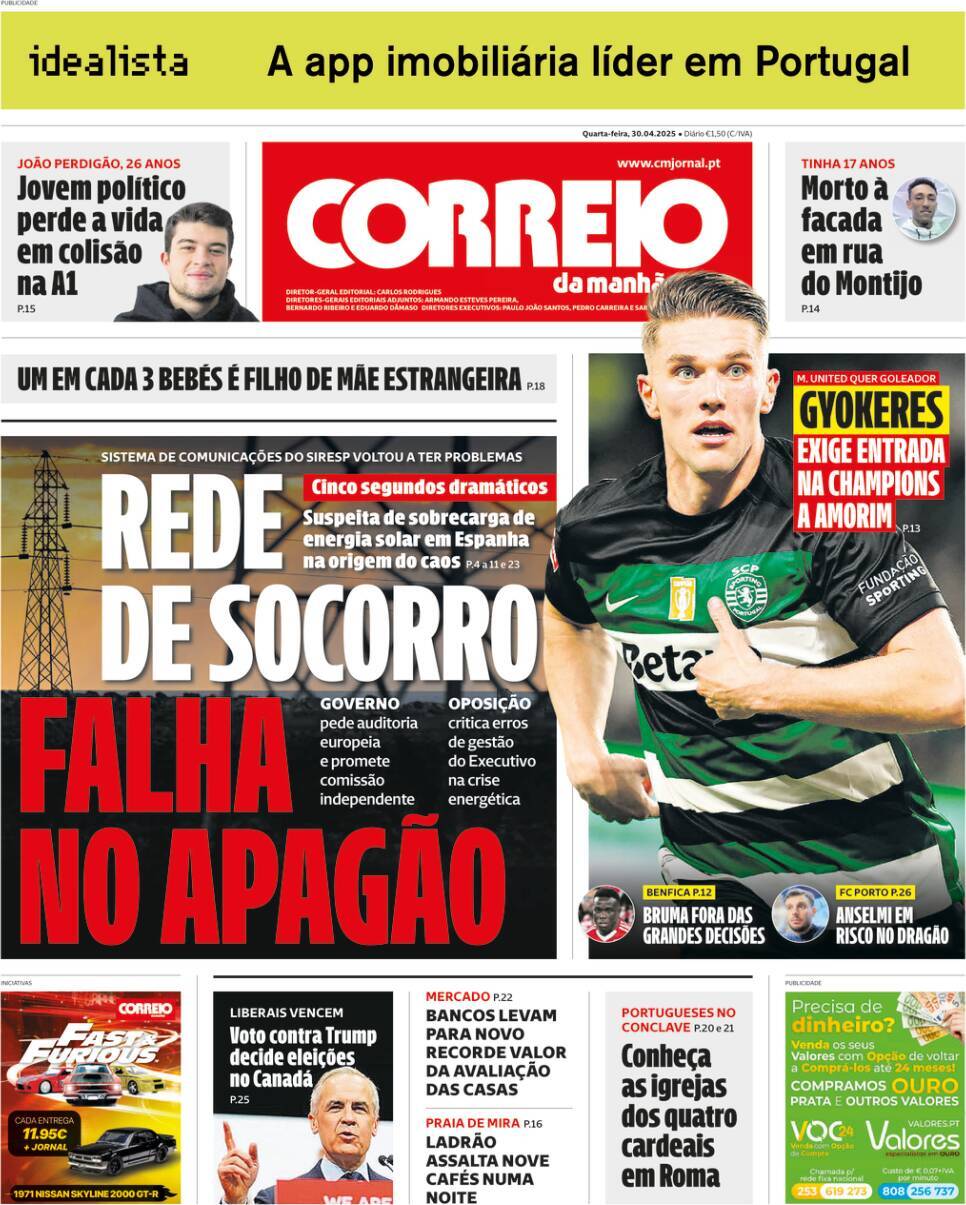 Correio da Manh&atilde;: Capa da Edi&ccedil;&atilde;o de quarta-feira, 30 de abril 2025
