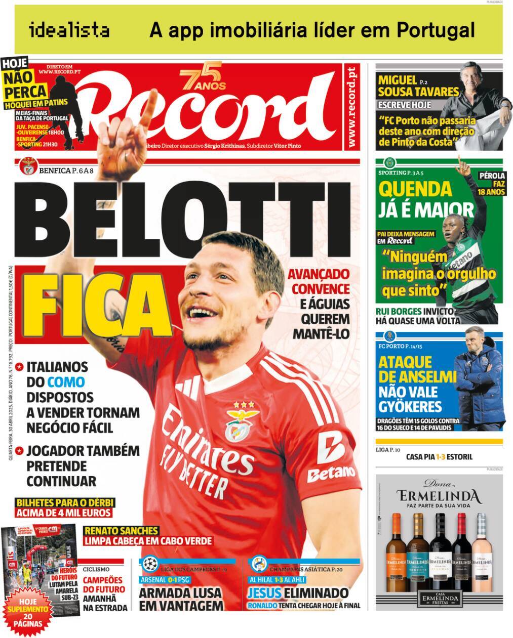 Record: Capa da Edi&ccedil;&atilde;o de quarta-feira, 30 de abril 2025