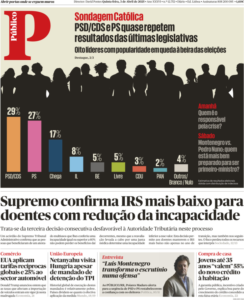 P&uacute;blico: Capa da Edi&ccedil;&atilde;o de quinta-feira, 03 de abril 2025