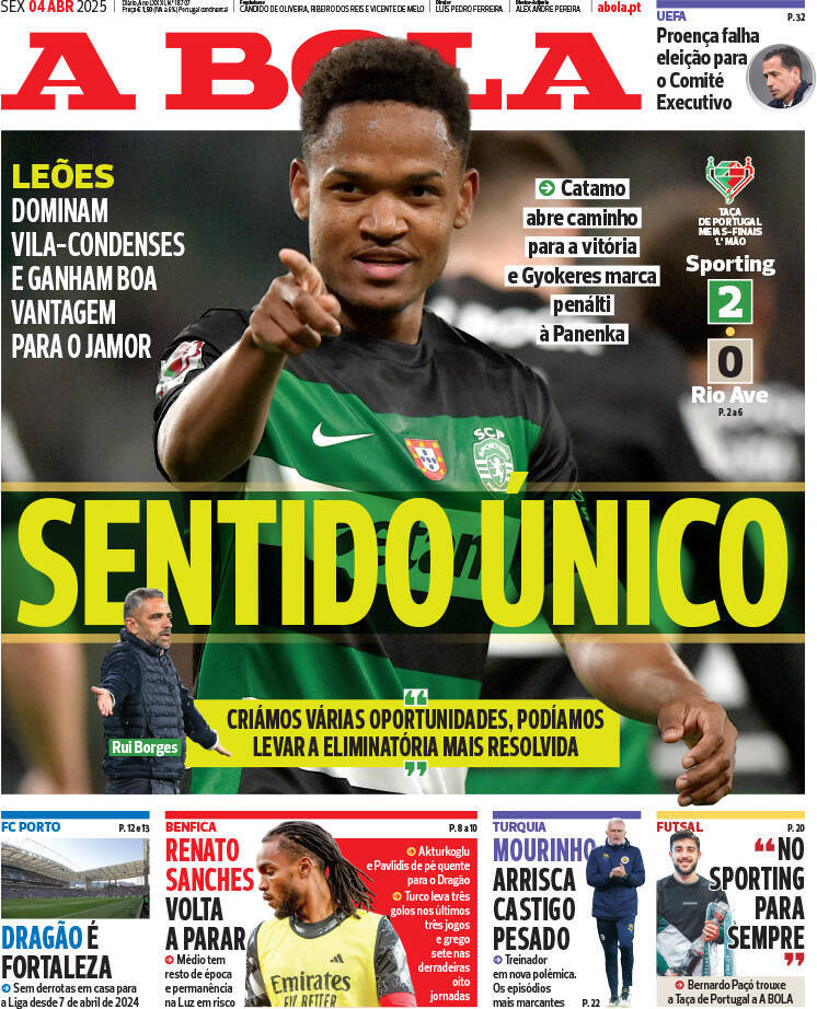 A Bola: Capa da Edi&ccedil;&atilde;o de sexta-feira, 04 de abril 2025