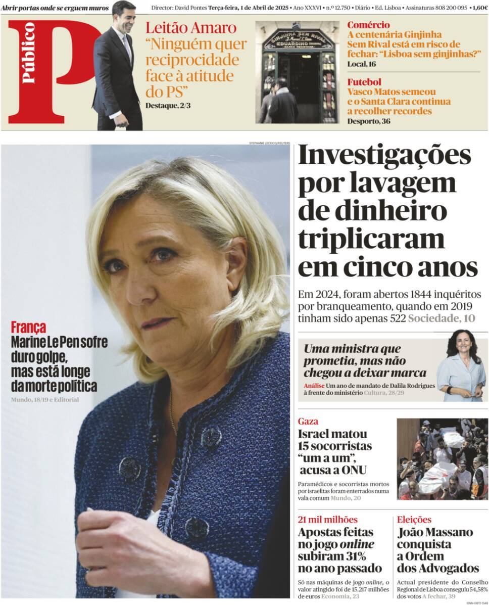 P&uacute;blico: Capa da Edi&ccedil;&atilde;o de ter&ccedil;a-feira, 01 de abril 2025