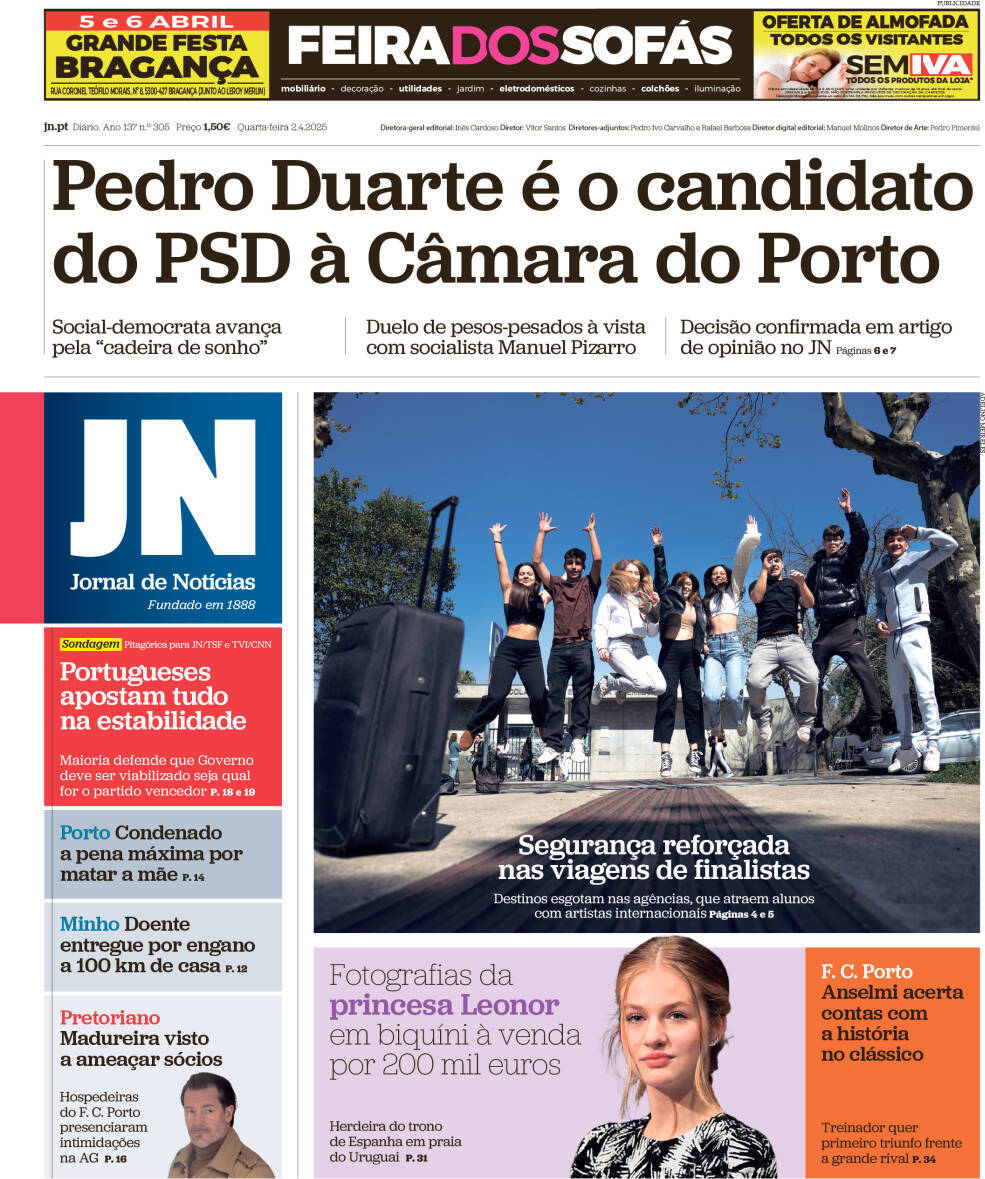 Jornal de Not&iacute;cias: Capa da Edi&ccedil;&atilde;o de sexta-feira, 04 de abril 2025