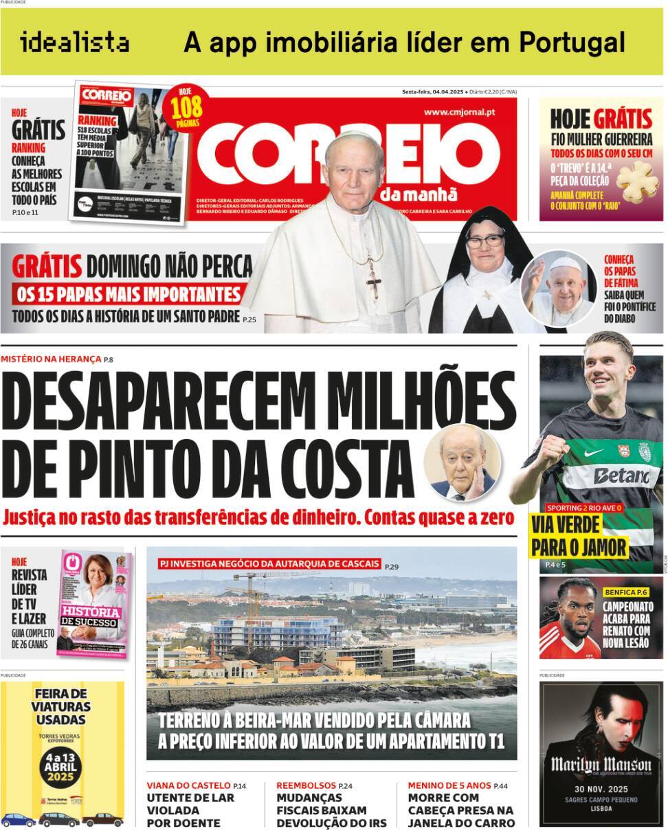 Correio da Manh&atilde;: Capa da Edi&ccedil;&atilde;o de sexta-feira, 04 de abril 2025