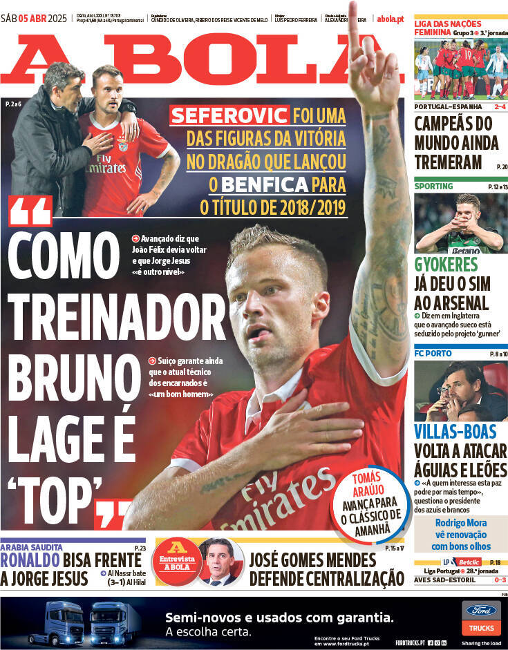 A Bola: Capa da Edi&ccedil;&atilde;o de s&aacute;bado, 05 de abril 2025