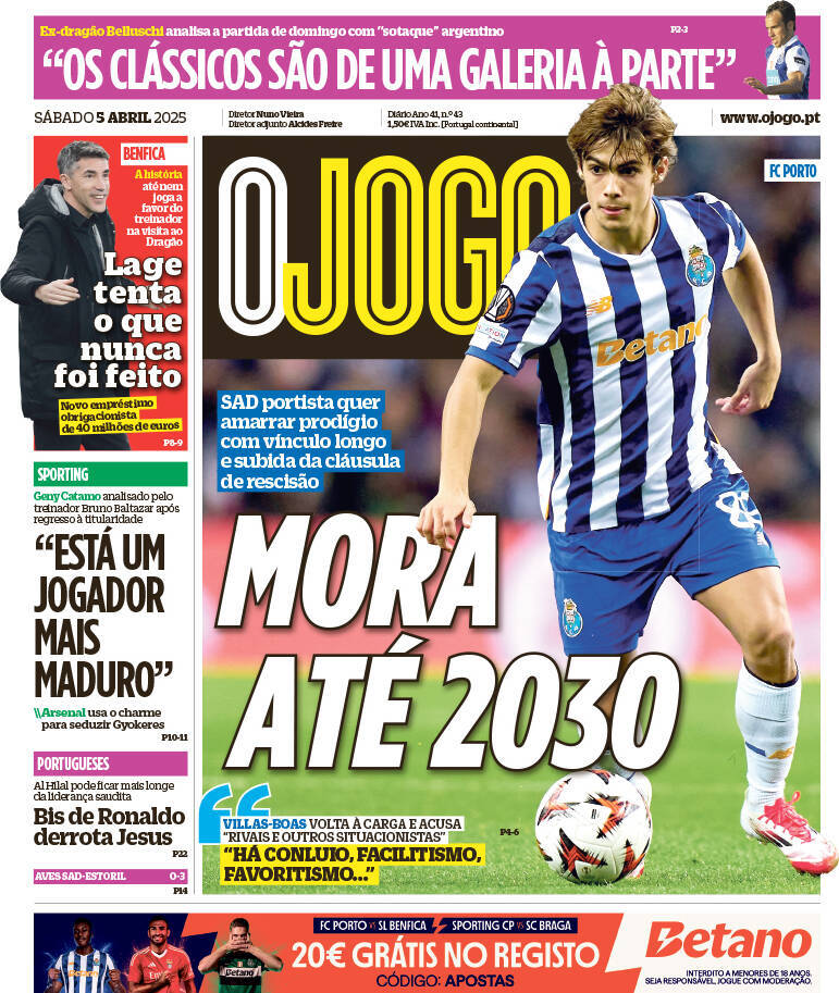 O Jogo: Capa da Edi&ccedil;&atilde;o de s&aacute;bado, 05 de abril 2025