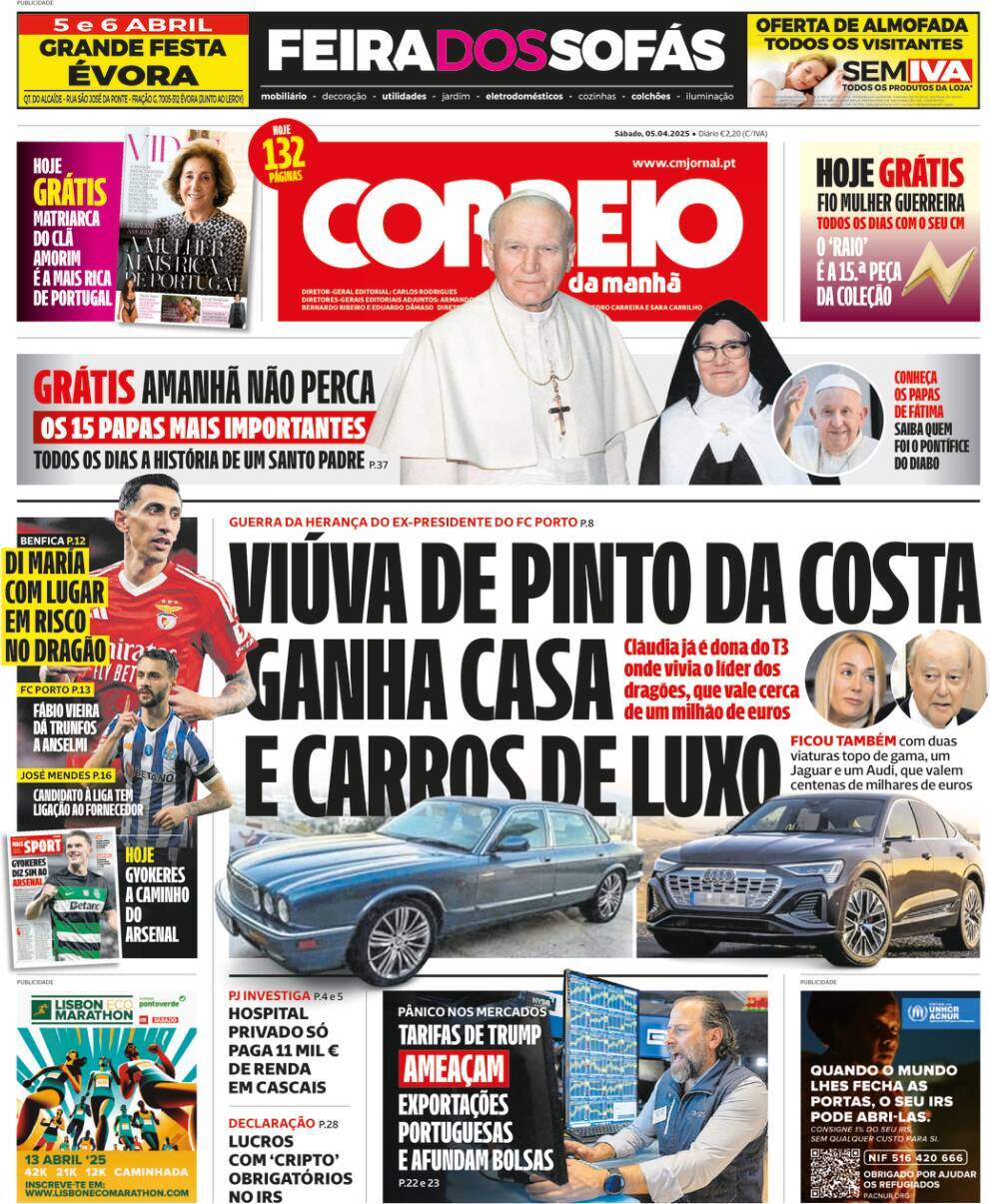 Correio da Manh&atilde;: Capa da Edi&ccedil;&atilde;o de s&aacute;bado, 05 de abril 2025