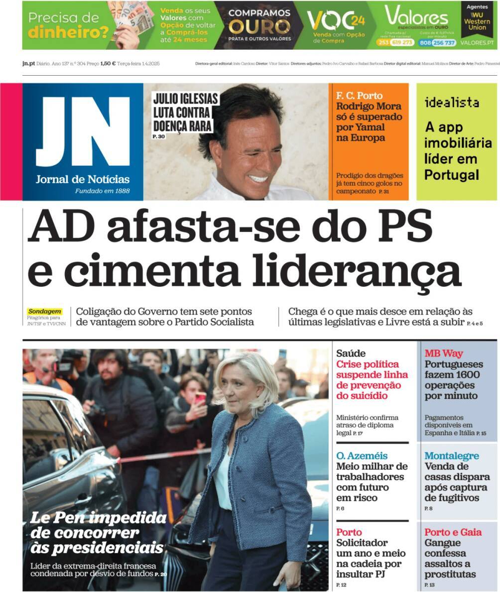 Jornal de Not&iacute;cias: Capa da Edi&ccedil;&atilde;o de ter&ccedil;a-feira, 01 de abril 2025