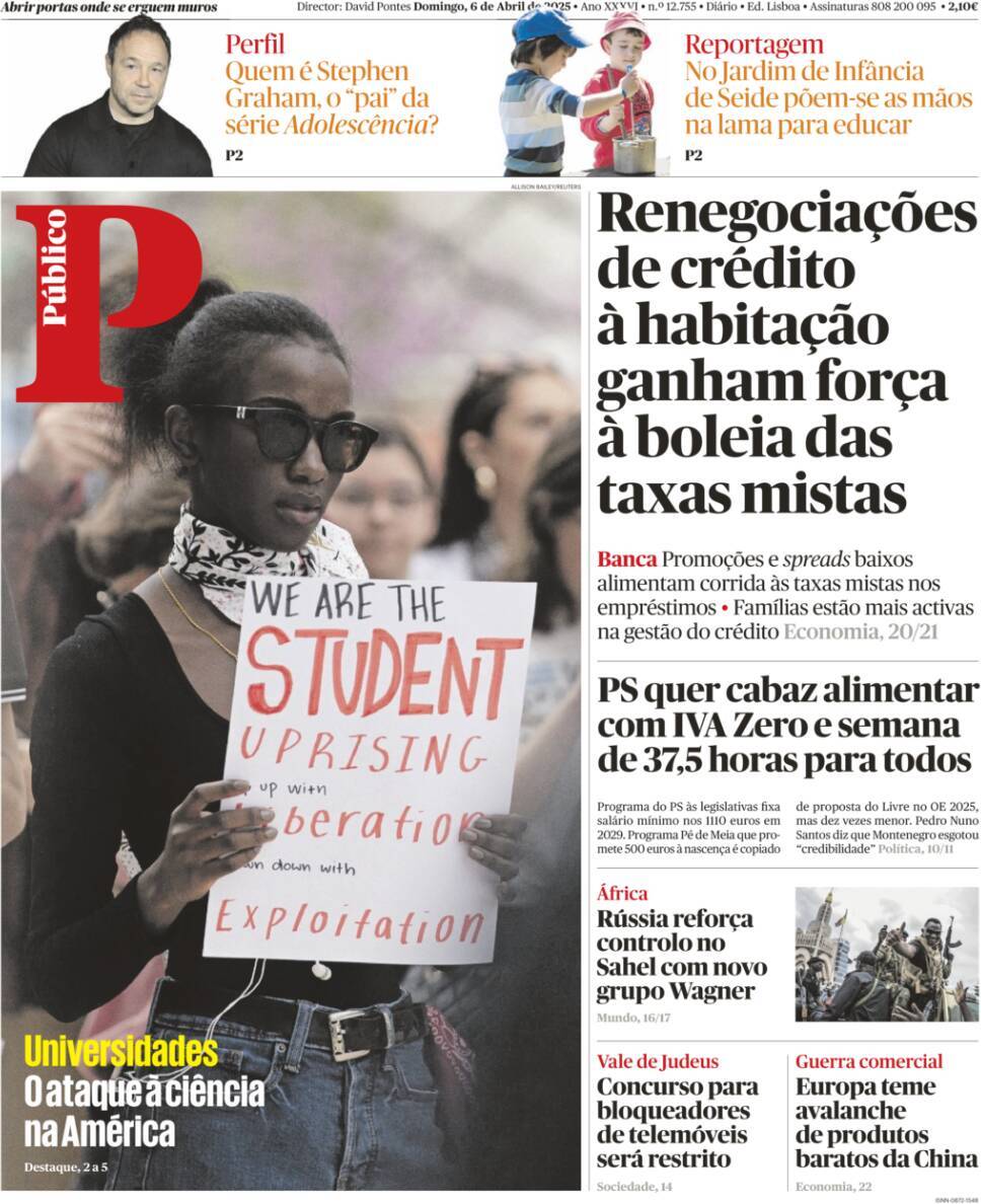 P&uacute;blico: Capa da Edi&ccedil;&atilde;o de domingo, 06 de abril 2025