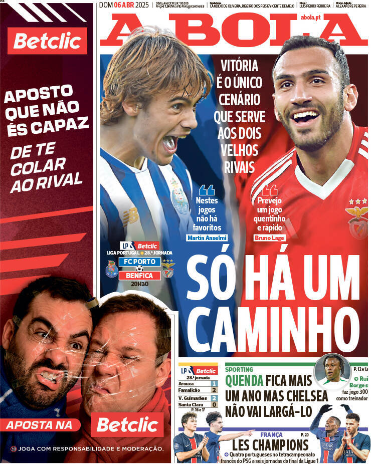 A Bola: Capa da Edi&ccedil;&atilde;o de domingo, 06 de abril 2025