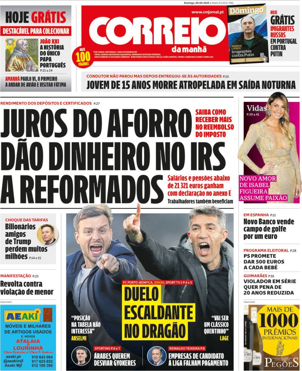 Correio da Manh&atilde;: Capa da Edi&ccedil;&atilde;o de domingo, 06 de abril 2025