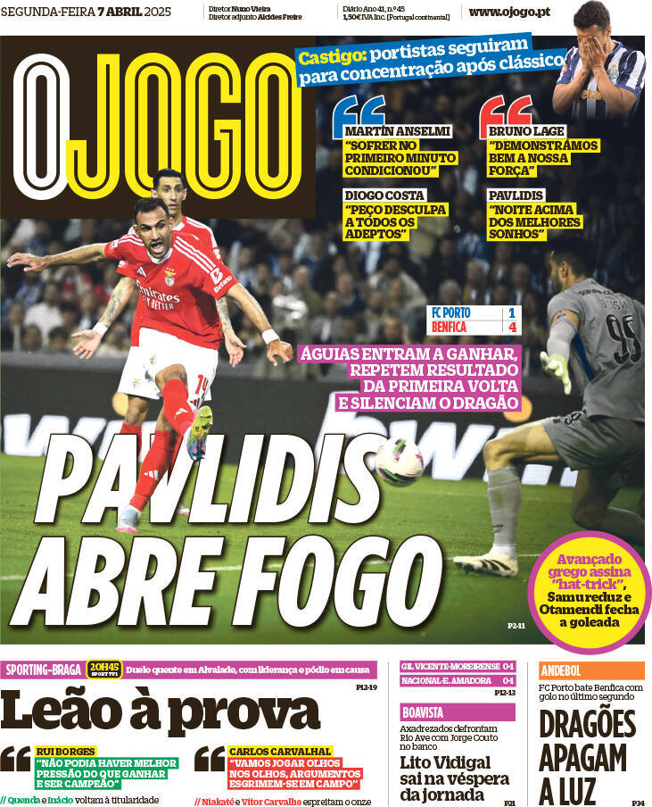 O Jogo: Capa da Edi&ccedil;&atilde;o de segunda-feira, 07 de abril 2025