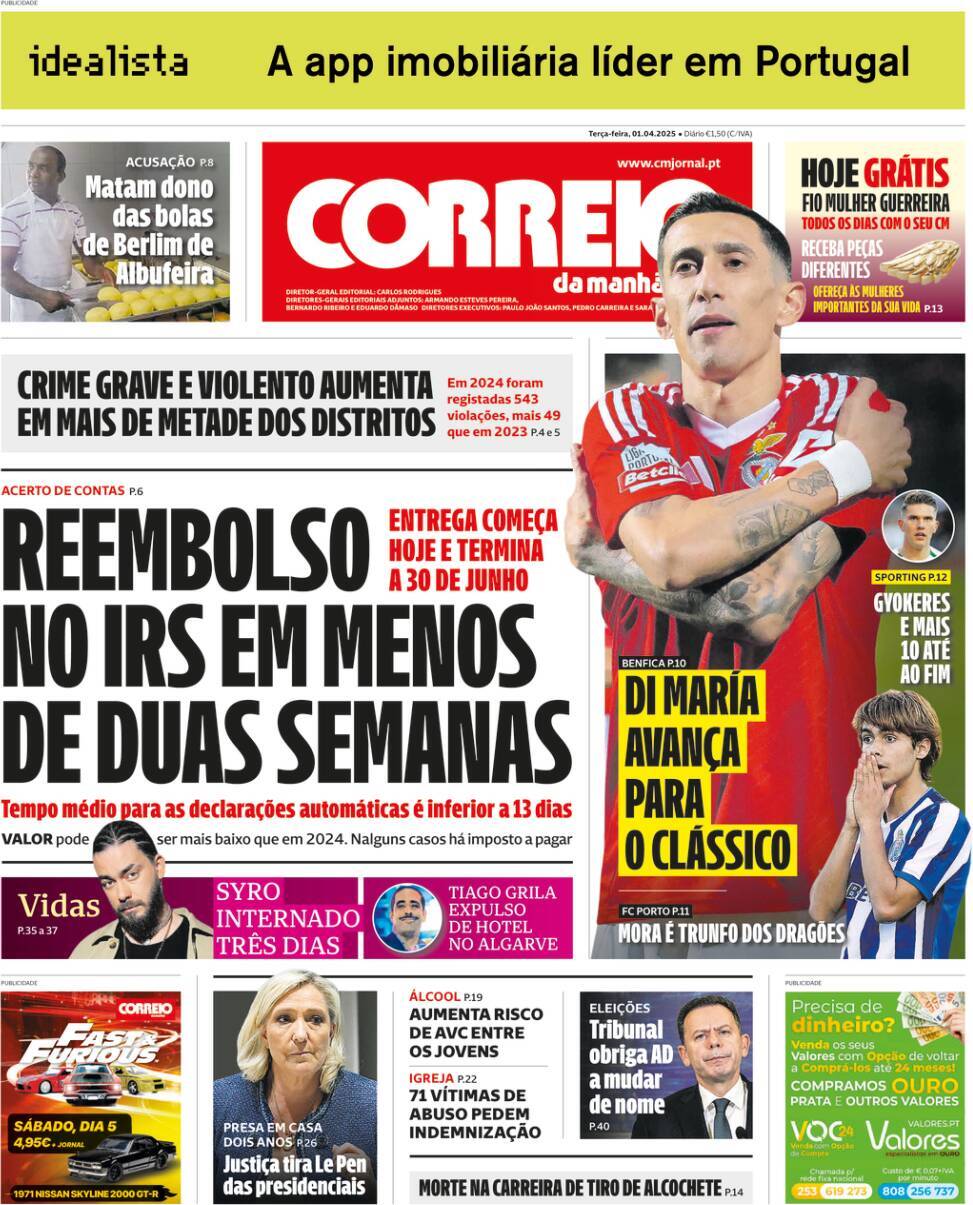 Correio da Manh&atilde;: Capa da Edi&ccedil;&atilde;o de ter&ccedil;a-feira, 01 de abril 2025