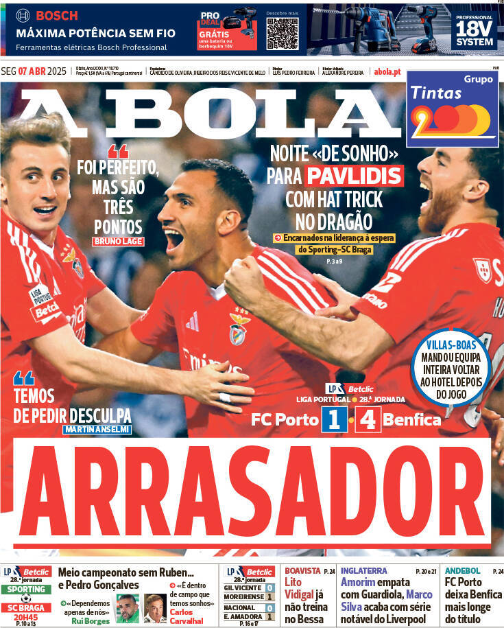 A Bola: Capa da Edi&ccedil;&atilde;o de segunda-feira, 07 de abril 2025