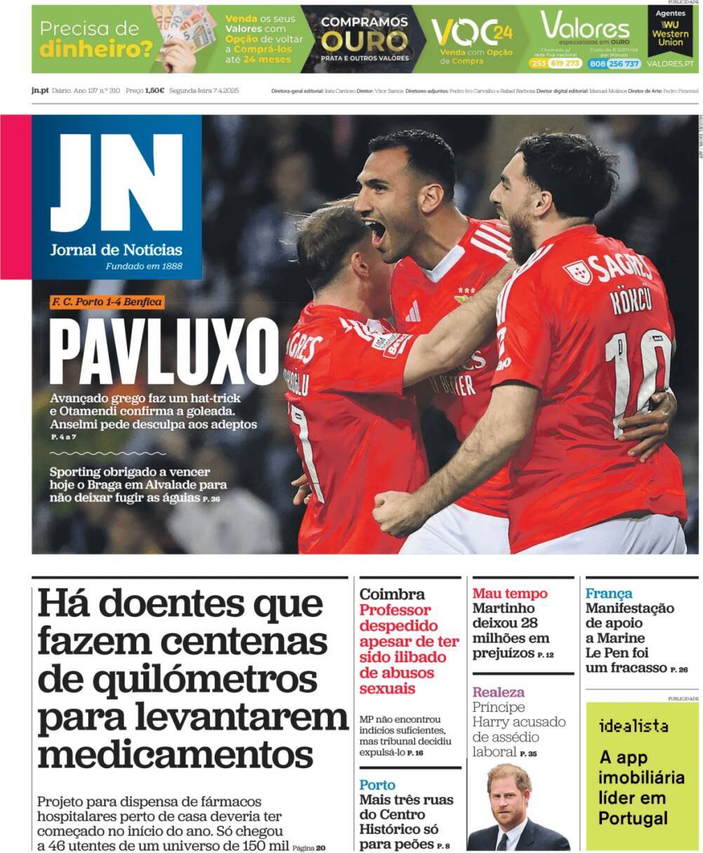 Jornal de Not&iacute;cias: Capa da Edi&ccedil;&atilde;o de segunda-feira, 07 de abril 2025