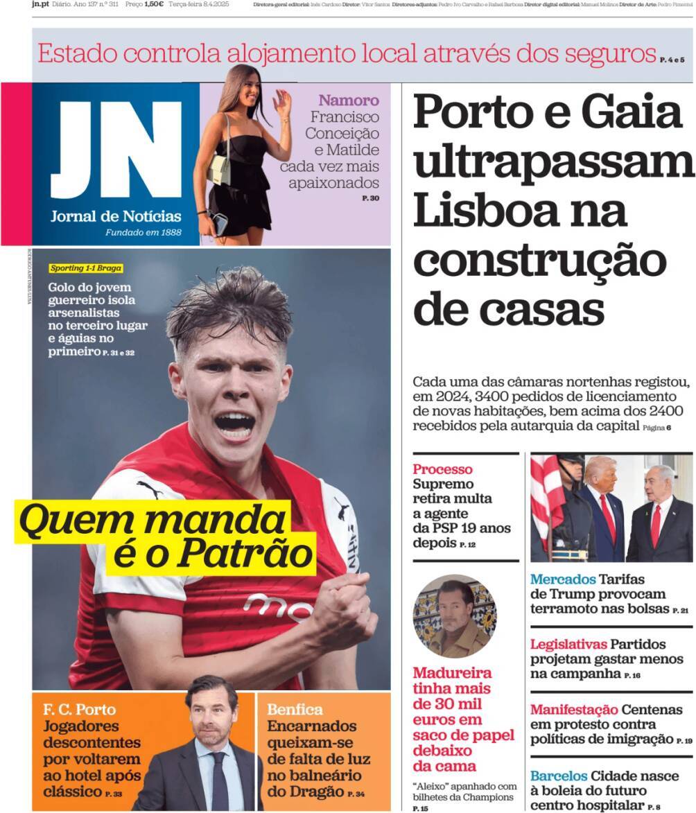 Jornal de Not&iacute;cias: Capa da Edi&ccedil;&atilde;o de ter&ccedil;a-feira, 08 de abril 2025