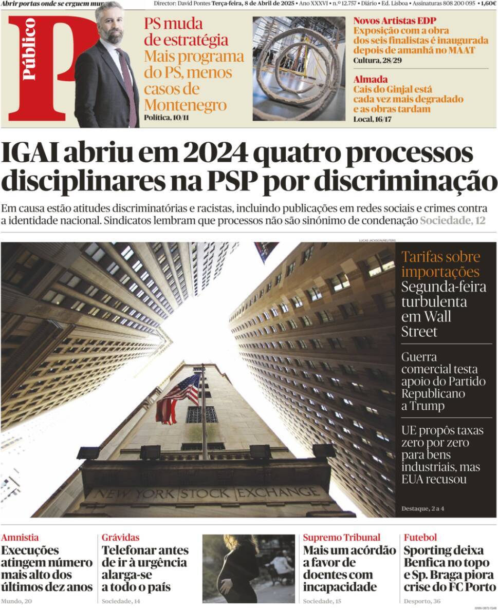 P&uacute;blico: Capa da Edi&ccedil;&atilde;o de ter&ccedil;a-feira, 08 de abril 2025