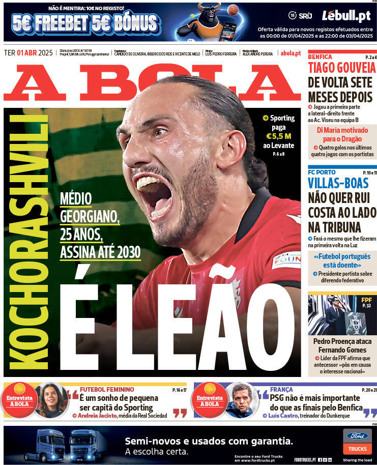 A Bola: Capa da Edi&ccedil;&atilde;o de ter&ccedil;a-feira, 01 de abril 2025