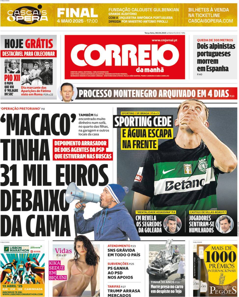 Correio da Manh&atilde;: Capa da Edi&ccedil;&atilde;o de ter&ccedil;a-feira, 08 de abril 2025