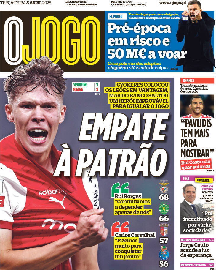 O Jogo: Capa da Edi&ccedil;&atilde;o de ter&ccedil;a-feira, 08 de abril 2025