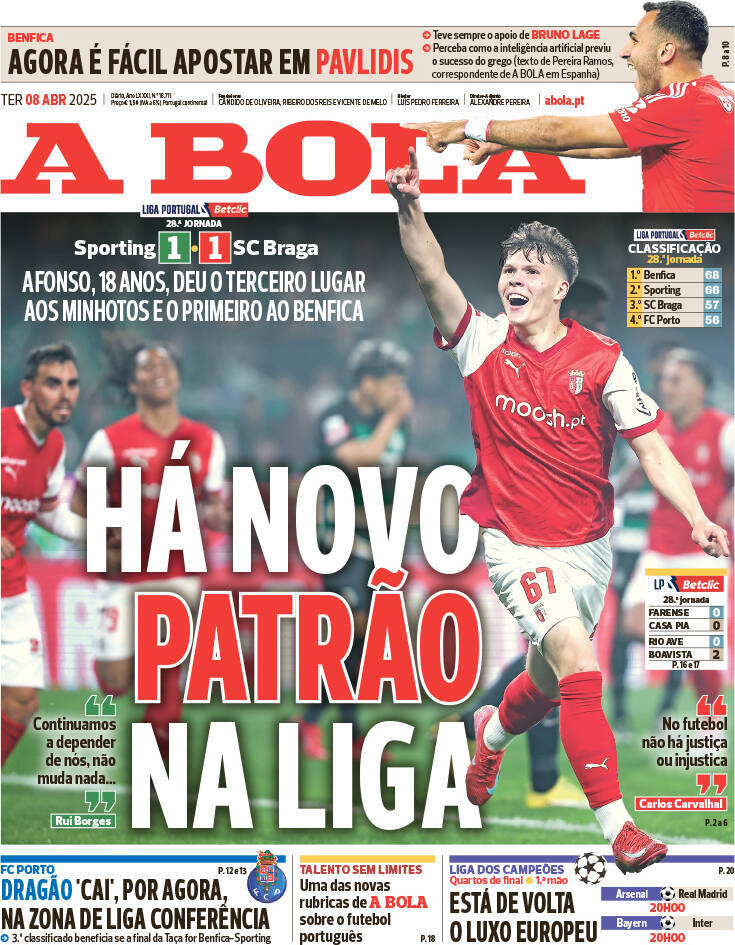 A Bola: Capa da Edi&ccedil;&atilde;o de ter&ccedil;a-feira, 08 de abril 2025