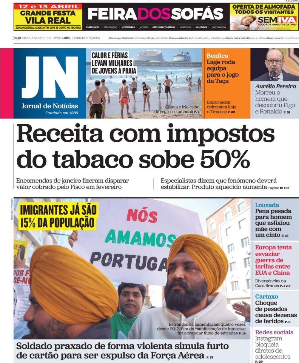 Jornal de Not&iacute;cias: Capa da Edi&ccedil;&atilde;o de quarta-feira, 09 de abril 2025