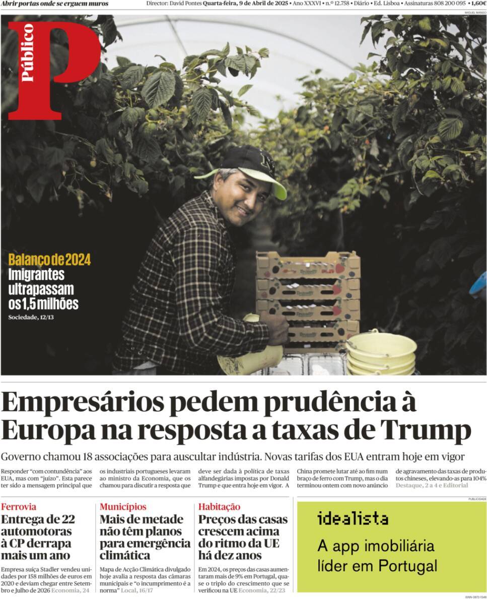 P&uacute;blico: Capa da Edi&ccedil;&atilde;o de quarta-feira, 09 de abril 2025