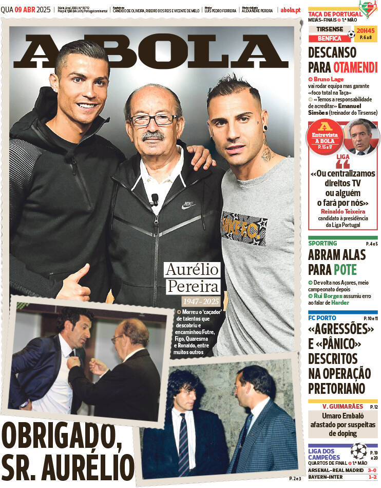 A Bola: Capa da Edi&ccedil;&atilde;o de quarta-feira, 09 de abril 2025