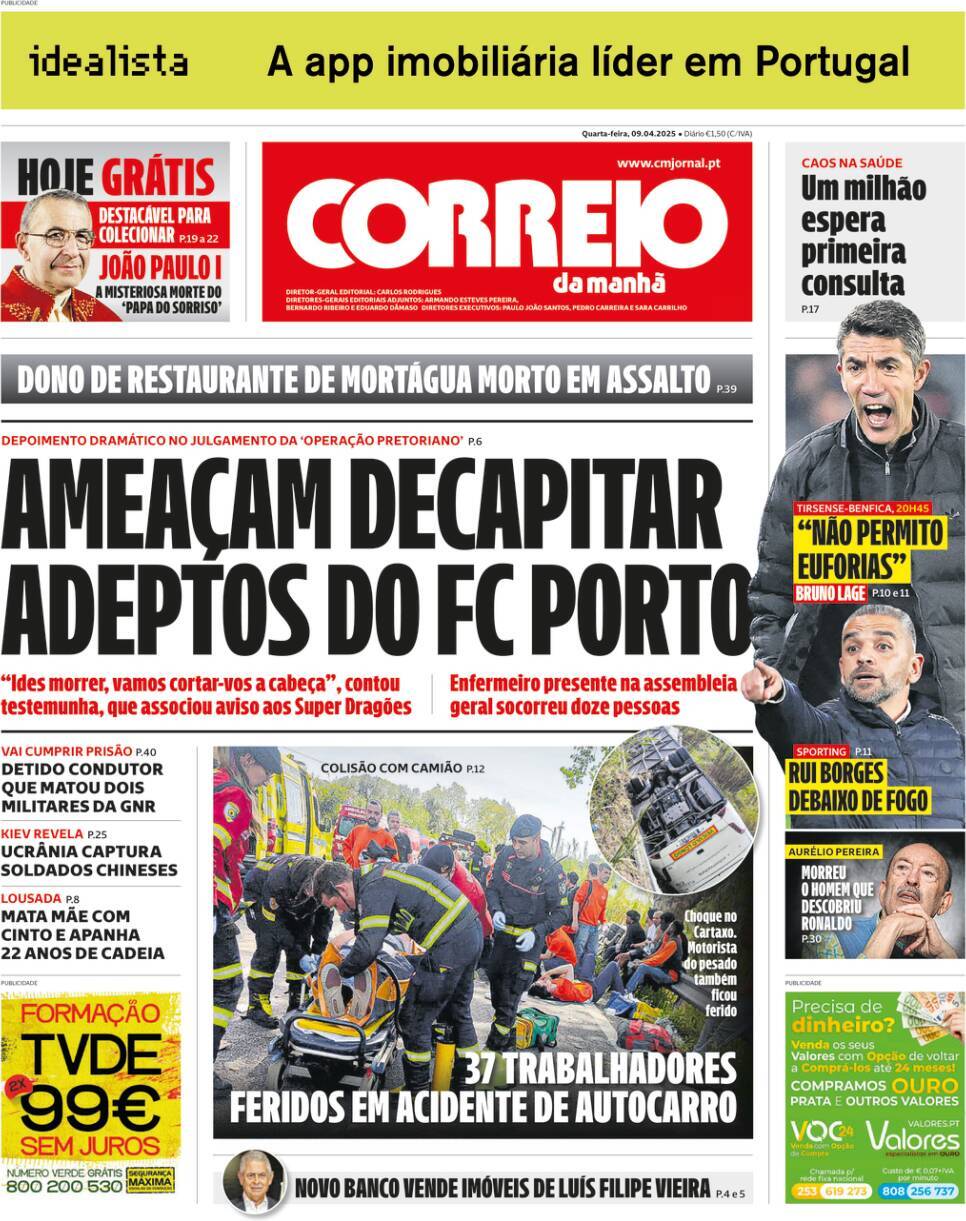 Correio da Manh&atilde;: Capa da Edi&ccedil;&atilde;o de quarta-feira, 09 de abril 2025