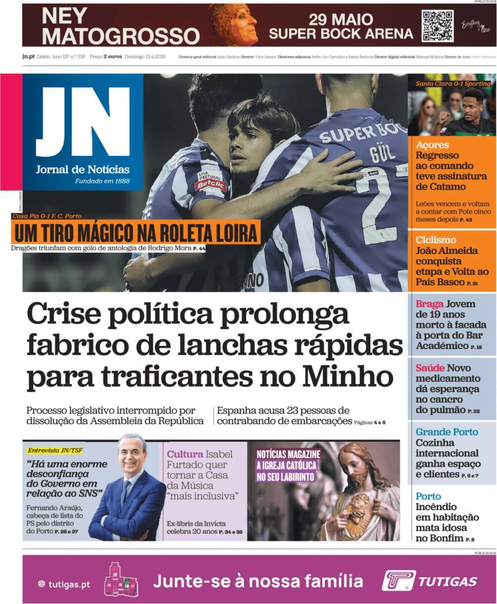 Jornal de Not&iacute;cias: Capa da Edi&ccedil;&atilde;o de domingo, 13 de abril 2025