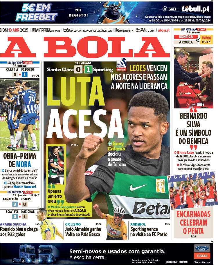 A Bola: Capa da Edi&ccedil;&atilde;o de domingo, 13 de abril 2025